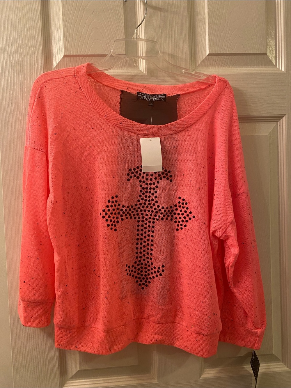 Almost Famous Neon Coral Pullover Sweater with Black Stud Cross